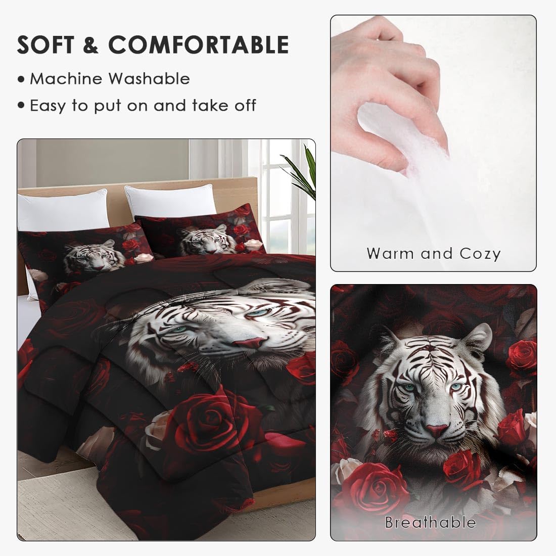 Queen Size Comforter Set with 2 Pillowcases, White Tiger Wild Animal 3 Pcs Bedding for Kids and Adults, Beautiful Red Rose Flower Soft Comforter Set for Bedroom Bed Decor - Image 5