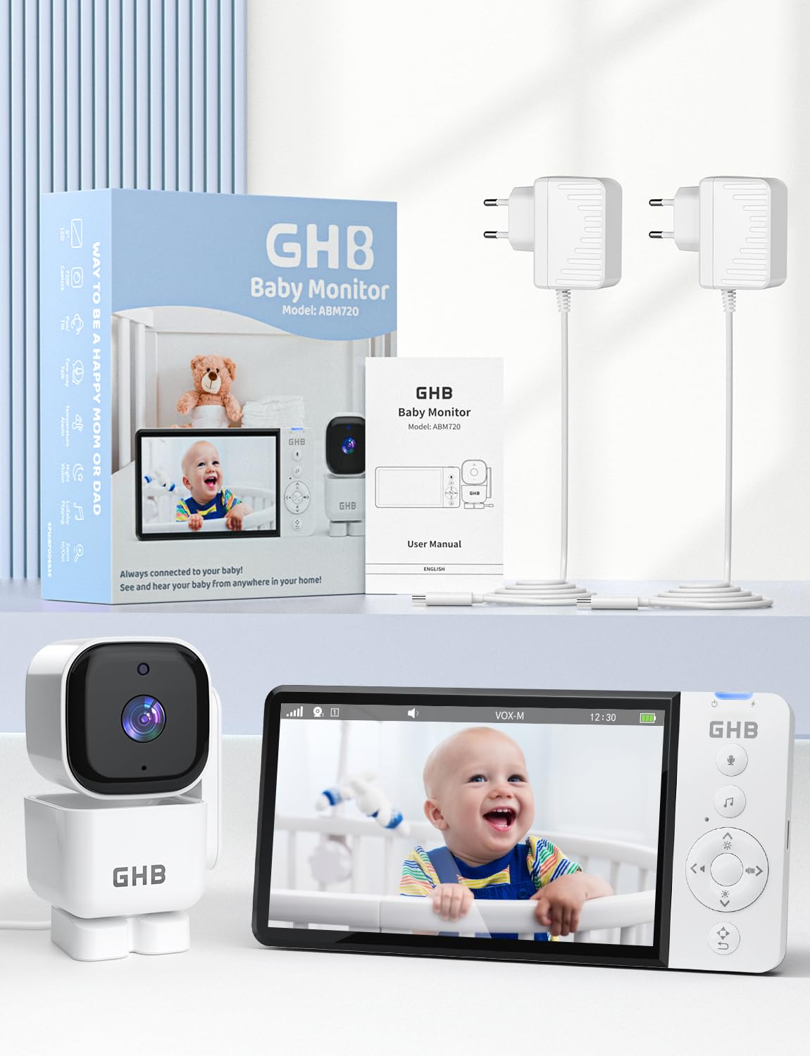 GHB Babyphone Caméra 5" Caméra Bébe Surveillance Rotation 350° 5000 mAh 720P HD Mode VOX Vision Nocturne Capteur de Température 8 Berceuses