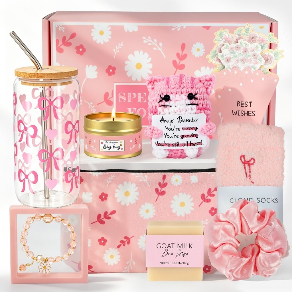 Birthday Gifts Baskets for Women, Get Well Soon Care Package for Girls | 9 PCS Sweet Pink Teen Girl Gift Trendy Stuff, Pick Me Up Gift Box, Surgery Recovery Care Package , Cheer Up Feel Better-image-13