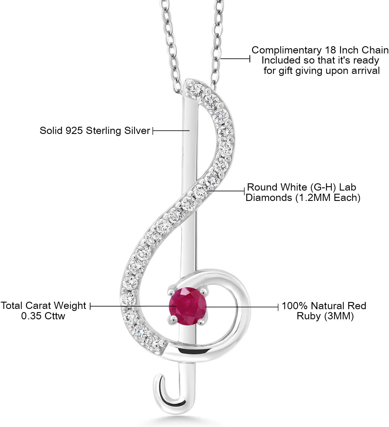 Gem Stone King Red Ruby Treble Clef Pendant Necklace Music Note Jewelry Gift For Women By Keren Hanan | 925 Sterling Silver | 0.35 Cttw | Gemstone Birthstone | With 18 Inch Silver Chain - Image 5