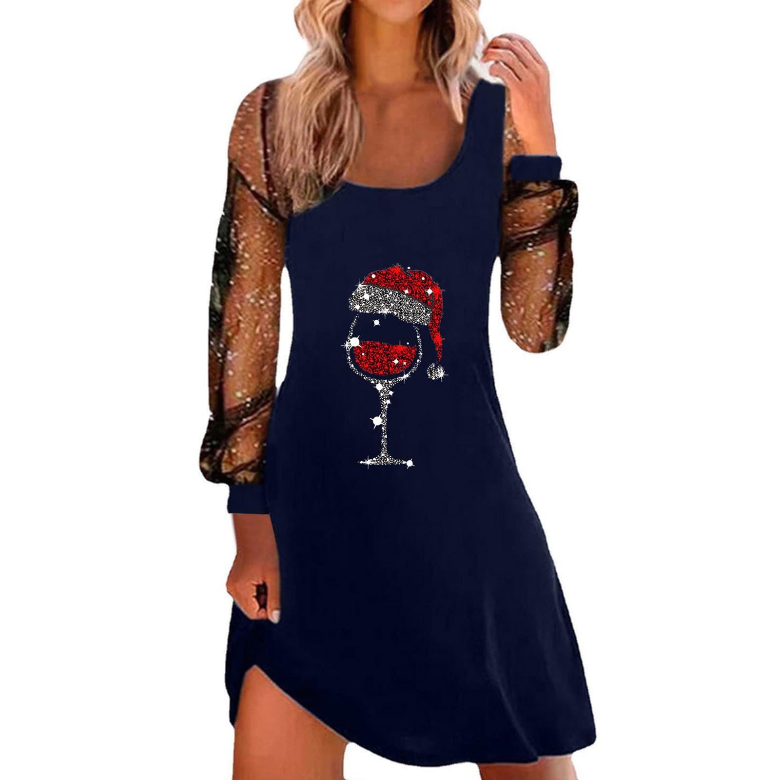 Women Christmas Dresses UK Sexy Spaghetti Strap Tank Dress with Mesh Long Sleeve Santa Xmas Dresses Plus Size Women's Soft Santa Costume for Chirstmas Party Prom