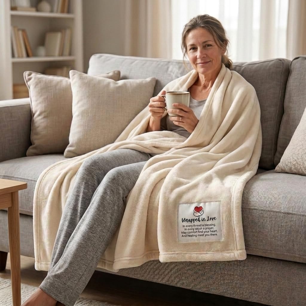 Get Well Soon Gift Blanket for Women Men - Healing Blanket with Inspirational Message - Cozy Get Well Gifts for Women After Surgery, Chemo Care, Cancer Recovery - Soft Fleece Throw, Light Beige 50x65