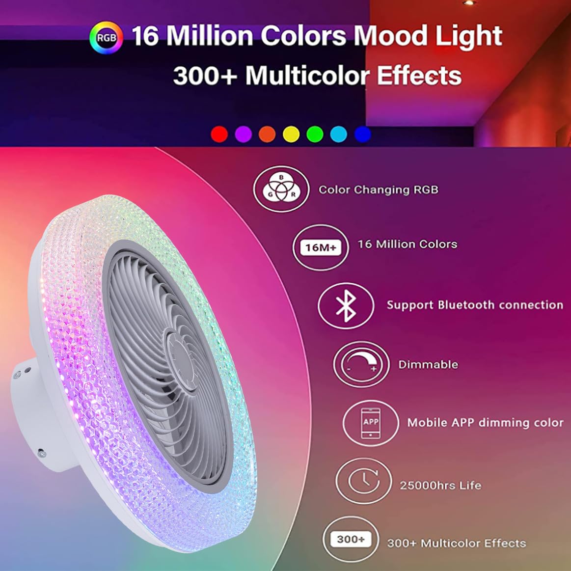 Ventilatore da soffitto bianco con altoparlante Bluetooth e luce integrata, senza pale, con luce LED a colori variabili, piccolo, moderno e lucido, da incasso per camera da letto, con timer e 6 veloc