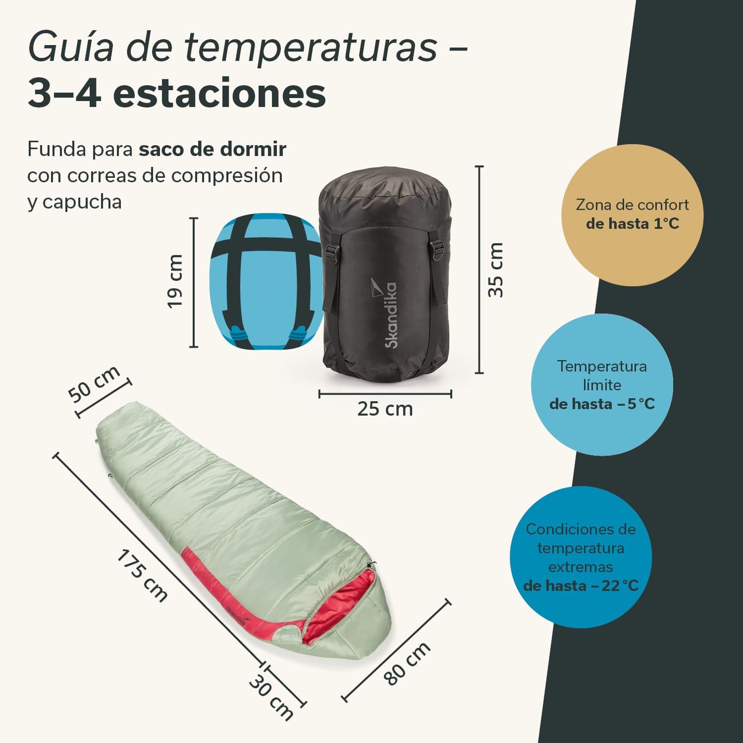 Skandika Saco de Dormir Gjora | Tipo Momia para Adultos, 3-4 Estaciones, Nylon Ripstop, Compacto, Repelente al Agua, Saco de Viaje