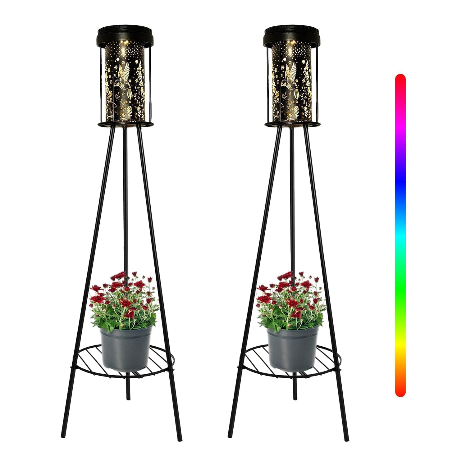 Solar Floor Lamp Outdoor Waterproof 2 Pack, Hummingbird Projection, RGB 5 Modes &amp; 3000K Warm White, USB-C Charging, IP44, Metal Plant Stand for Patio Porch Garden Deck Yard Walkway Decor