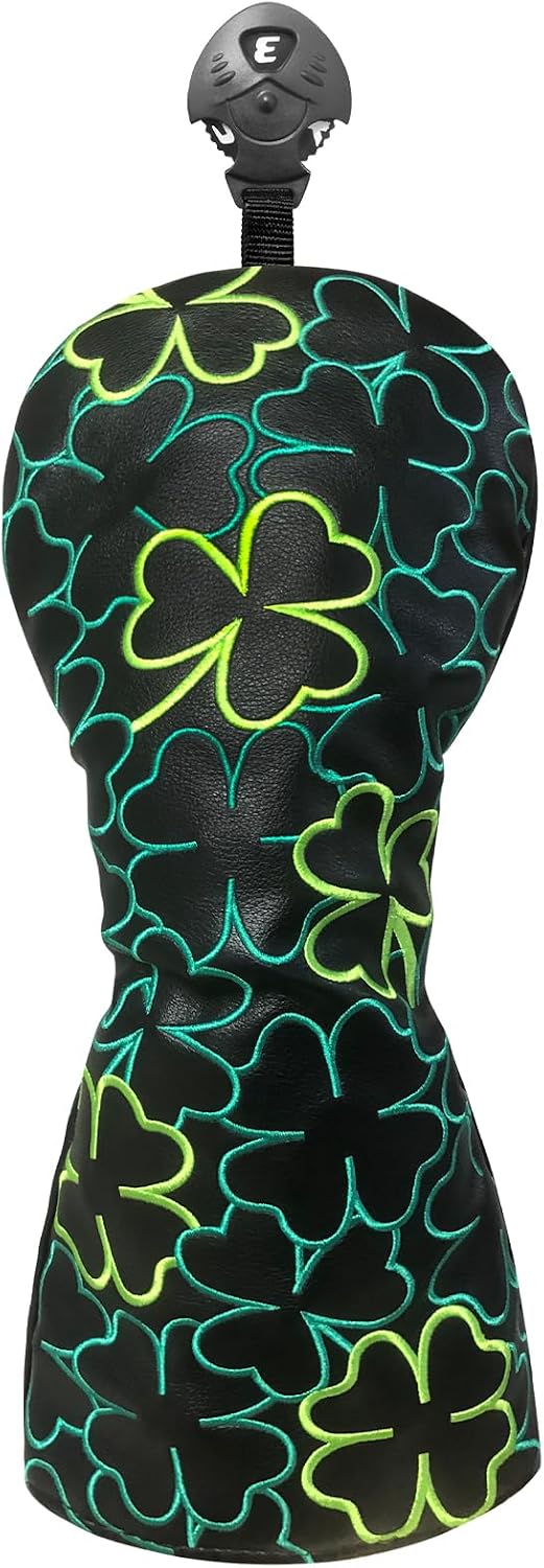 1pc Driver Headcover Fairway 3 5 Wood Head Covers Hybrid Headcover or Set of Golf Headcovers, Green Clover Embroidery Golf Club Cover for Drivers Hybrids Fairways, Golf Gift for Men Women