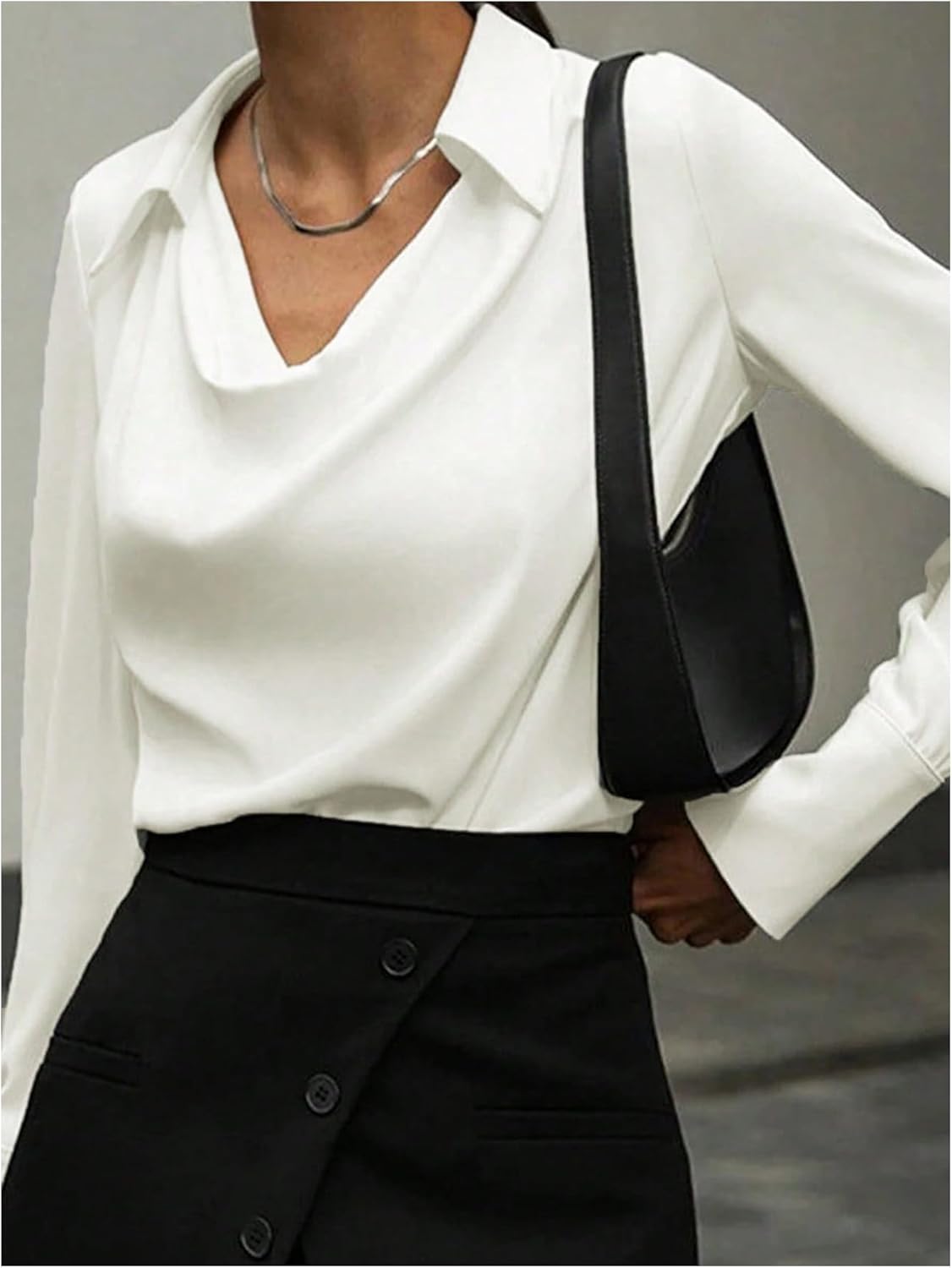 SHENHE Women's Cowl Neck Shirts Slim Fit Casual Outfits Long Sleeve Pullout Blouse White Medium - Image 6