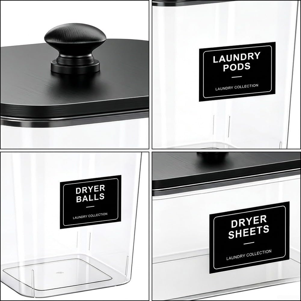 4 Botes Lavandería PET con Tapa para madera Negro 4 Botes Lavandería