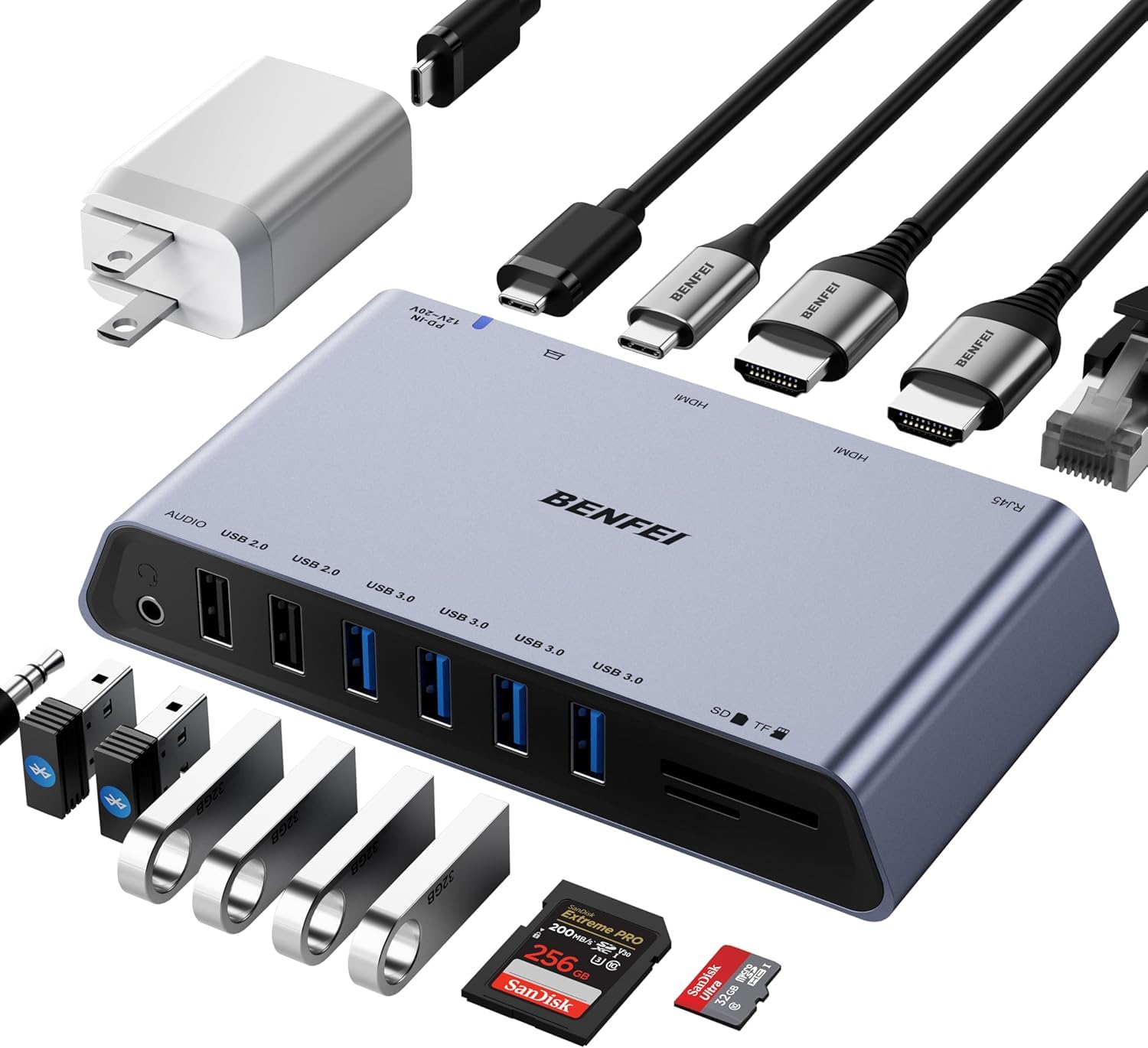 BENFEI DisplayLink - Docking station universale USB 3.0 12 in 1 con doppio display HDMI, 6 porte USB, lettore di schede SD/TF, rete Gigabit Ethernet, jack per cuffie femmina da 3,5 mm, compatibile con