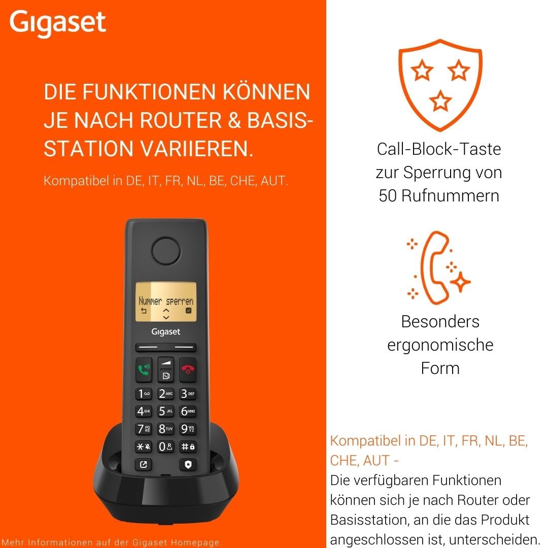 Gigaset Pure 220 - DECT-Telefon - mit Call-Block-Taste und Freisprechfunktion - Hörgerätekompatibel, Adressbuch mit 80 Kontakten, anthrazit schwarz [Kompatibel in DE, IT, FR, NL, BE, Che, AUT]