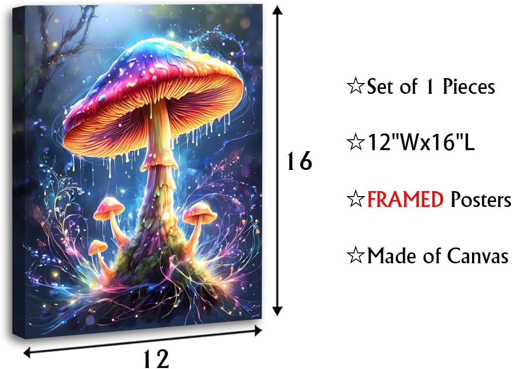 Mushroom Wall Art,Colorful Mushroom Pictures Wall Decor Graffiti Forest Canvas Prints Framed Artwork Paintings for Kitchen Bedroom Living Room Home Decoration 12"x16"