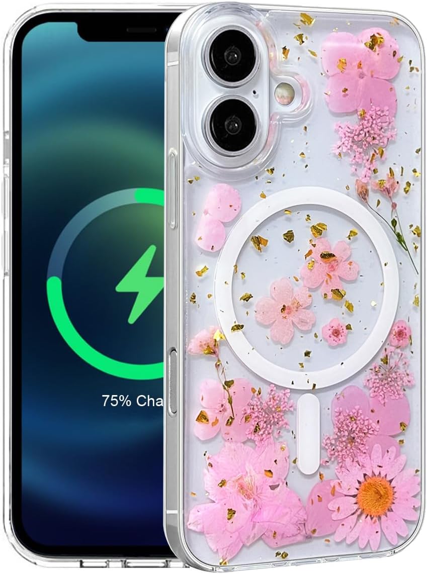Magnetic for iPhone 12/12 Pro Case Compatible with MagSafe Clear with Real Pressed Flower Design Glitter Cute Grily Women Aesthetic Stylish Shockproof Protective Phone Cover (Dried Pink Floral)
