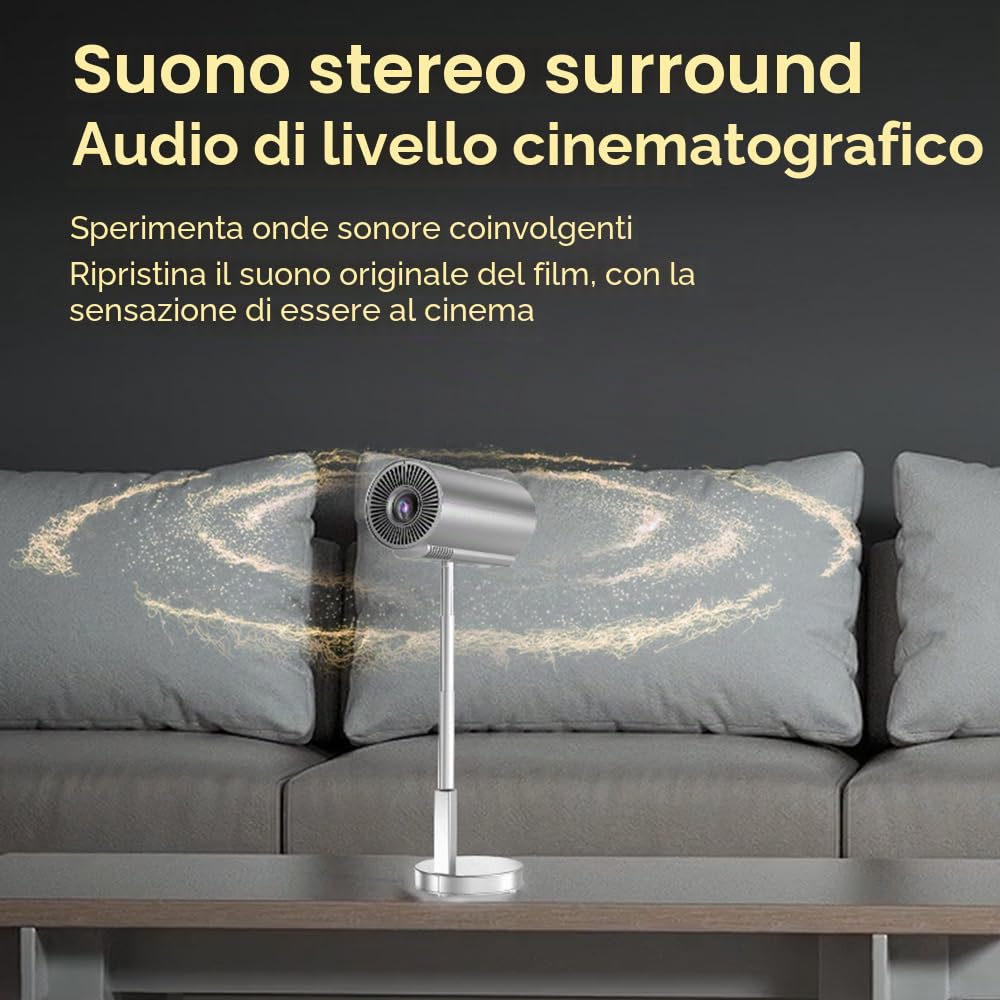Bisofice Proiettore portatile 4K supportato, videoproiettore portatile per Home Cinema con asta retrattile, WiFi e BT, rotazione 90°, Android 11.0 Proiettore Home Cinema per Riunione, Studio,