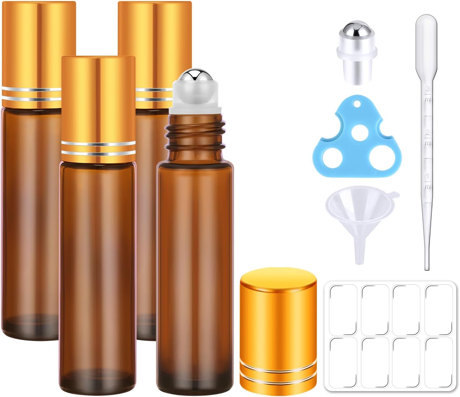4 Pack, Essential Oil Roller Bottles, Amber Glass Roller Balls for Essential Oils, 10ml Empty Rollerball Bottles for Travel Refillable Roll on Perfume Bottles with Caps