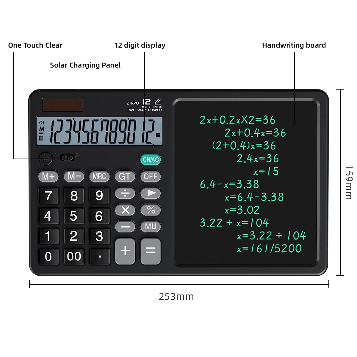 Scientific Calculator with Pull - Out Stylus, 12 - Digit Wide Screen & 100,000+ Reusable Writing Pad, One - Click Clear/Lock, Solar & Battery Dual Power, Portable for School Office Business (Black) 1