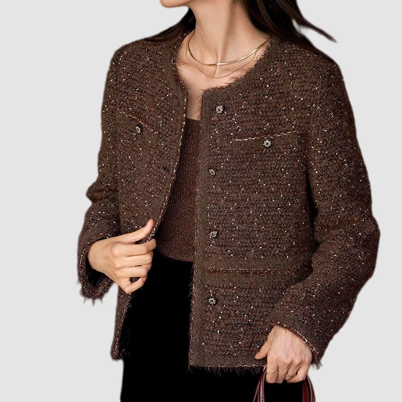 Veste en laine tweed femme col rond veste affaires automne hiver