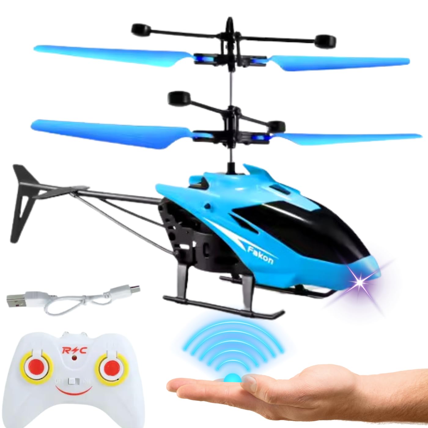 KIDZYMON Outdoor And Indoor Flying Helicopter With Hand Induction Watch | Electronic Radio RC Remote Control Toy | Charging Helicopter With 3D Light & Safety Sensor For Kids (Blu Colour), Blue