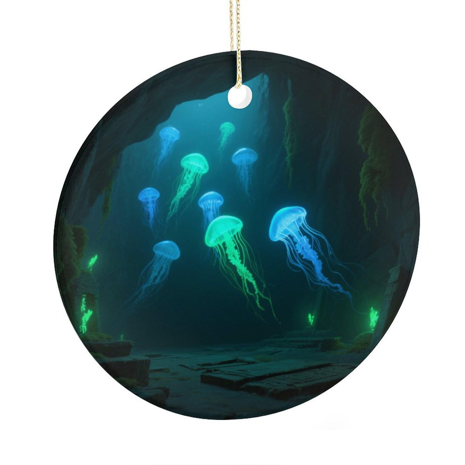 Fekiloot Style Jellyfish Deep Sea Cave Christmas Ornaments 2.9 Inch Round Ceramic Ornament Keepsake Thank You Gifts For Office, Room, Home - Holiday Present Ideas