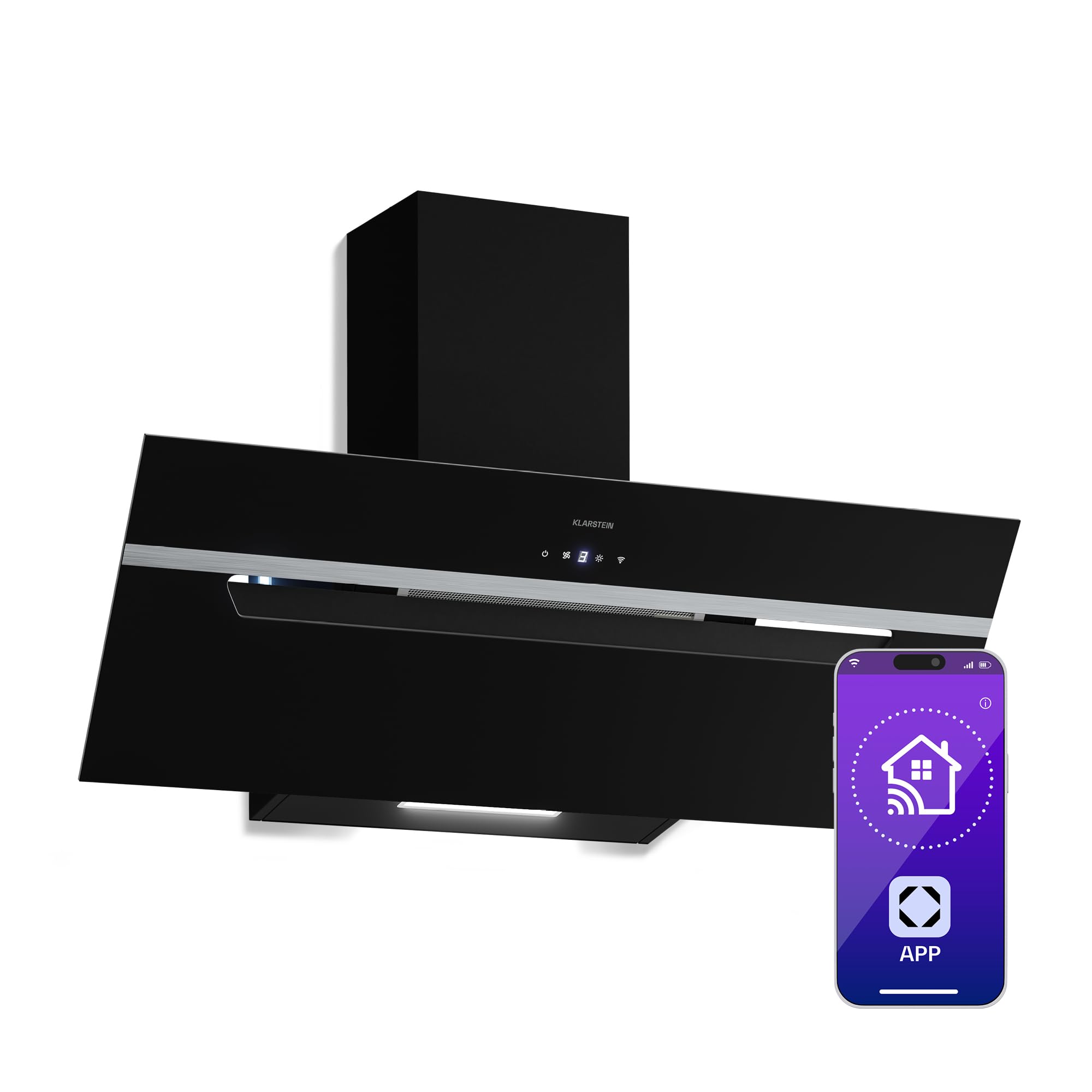 Klarstein BigBite Cappe Inclinate 90cm - Cappa Angolare, 417 m³/h Boost, Touch, LED, A+++, 3 Velocità, Filtro Carbone, Scarico & Ricircolo, Design Vetro, Cappa Cucina Moderna, Nero