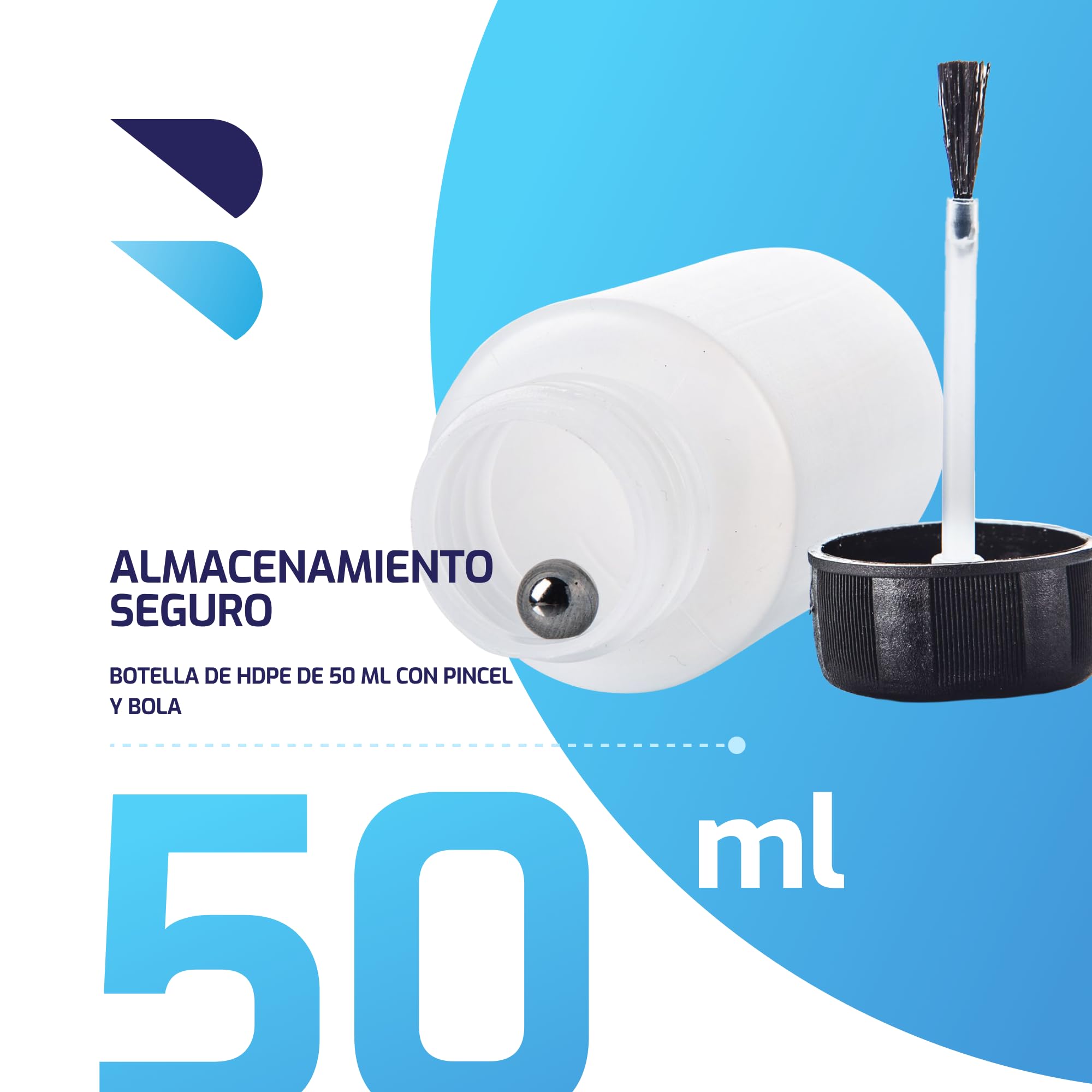 BenBow - Frascos 100x 50 ml con Pincel y Bola mezcladora - Pincel Fino, Transparente - Resistente a los disolventes - para almacenar y aplicar líquidos - Frascos de plástico HDPE para Pinturas