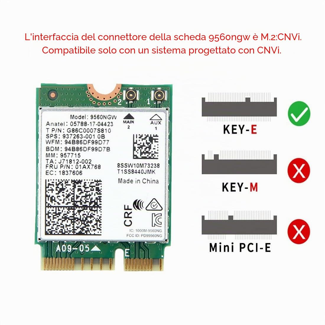 9560NGW Scheda WiFi + Antenna 1730Mbps AC 9560 Dual Band 2.4G+5G BT 5.0 802.11Ac M.2 CNVI 9560NGW Adattatore Wireless