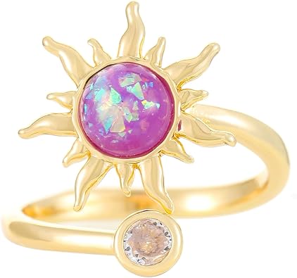 Rapunzel-Inspired Spinning Sun Purple Opal Flower Ring Tangled Princess Twist Open Gold Plated Princess Jewelry for Weddings,Cosplay & Halloween Dress up Gifts