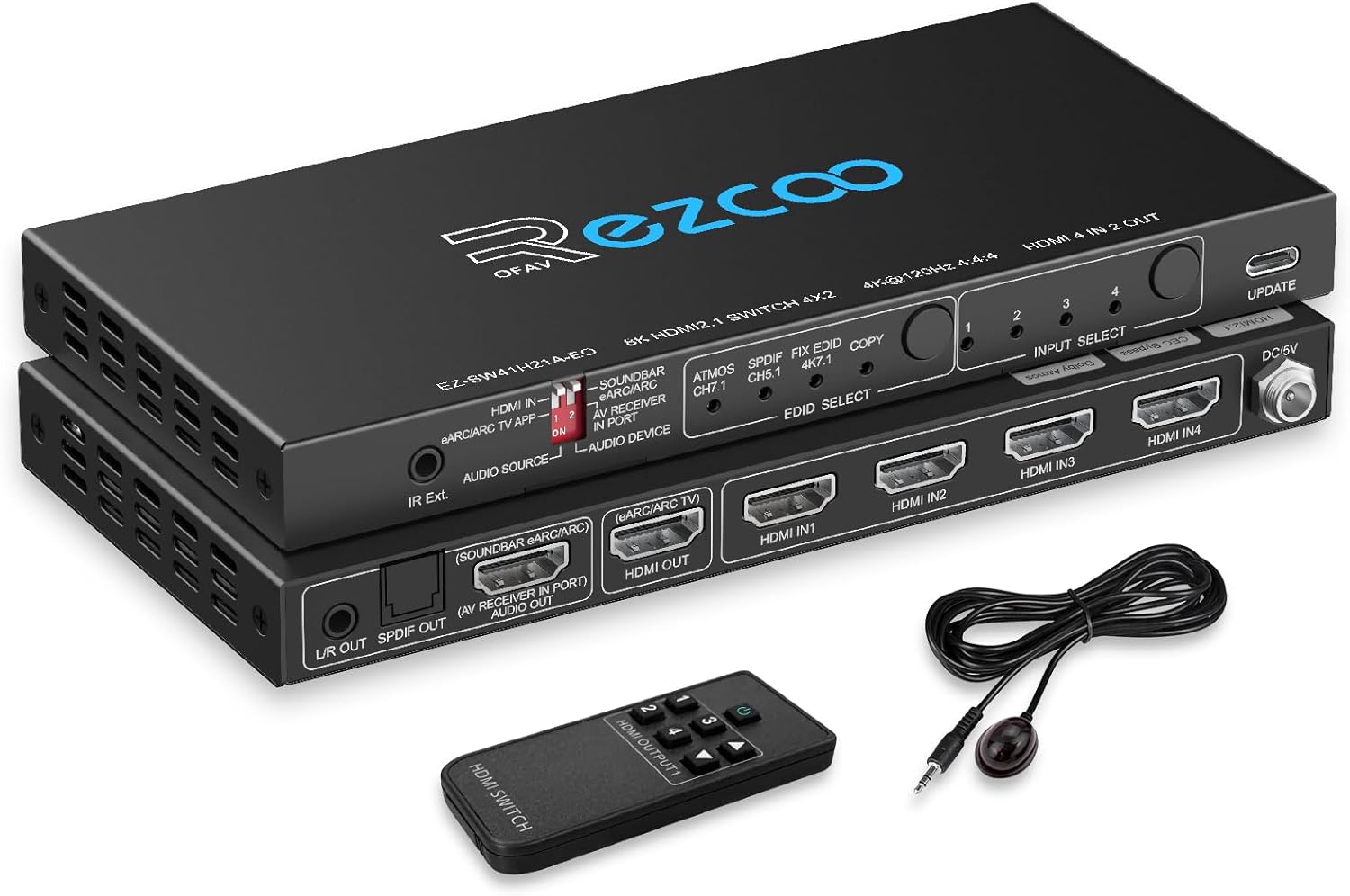 HDMI 2.1 Switch 4K 120Hz 4 in 1 Out with Audio Extractor VRR ALLM HDCP2.3 ARC eARC HDR CEC SPDlF Optical and 3.5mm Audio,D-olby Atmos,Digital EDID for PS5 Xbox NVIDIA AMD