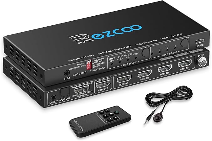 HDMI 2.1 Switch 4K 120Hz 4 in 1 Out with Audio Extractor VRR ALLM HDCP2.3 ARC eARC HDR CEC SPDlF Optical and 3.5mm Audio,D-olby Atmos,Digital EDID for PS5 Xbox NVIDIA AMD
