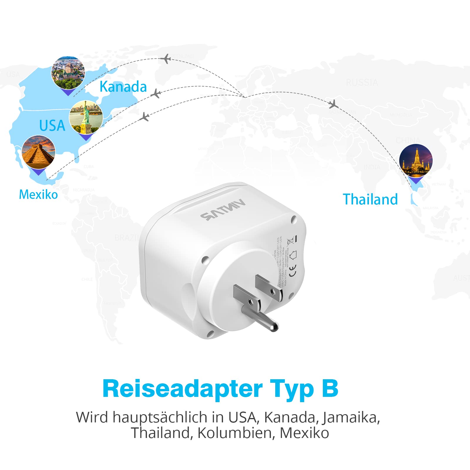 TESSAN Adattatore USA 6-in-1 Con 2 USB-C E 2 USB-A – Per USA, Messico E Tipo B - 3