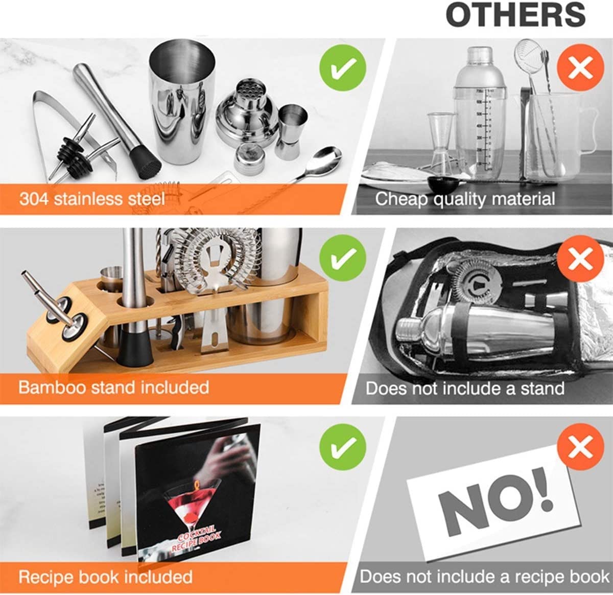 Ensemble de fabrication de cocktails, Shakers à cocktails Party Bar Barman Accessoire essentiel en acier inoxydable Kit Outil avec présentoir en bois Ensemble d'outils de barre for les bars à l