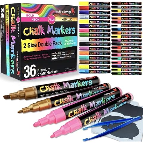 ArtShip Design 36 Chalk Markers Double Pack of Both Fine & Reversible Medium Tip Liquid Chalk Pens with Labels & Tip Tweezers Wet Erase Menu Boards, Windows, Mirrors, Non-Porous Chalkboards, Metal Cover