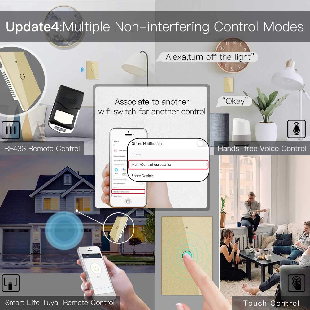 MoesGo WiFi Smart Wall Light Switch,Glass Panel, Multi-Control(3 Way), 2.4GHz Wi-Fi Touch Switches, Neutral Wire Required, Remote Control Smart Life/Tuya App, Work with Alexa, Google Home Gold 1 Gang