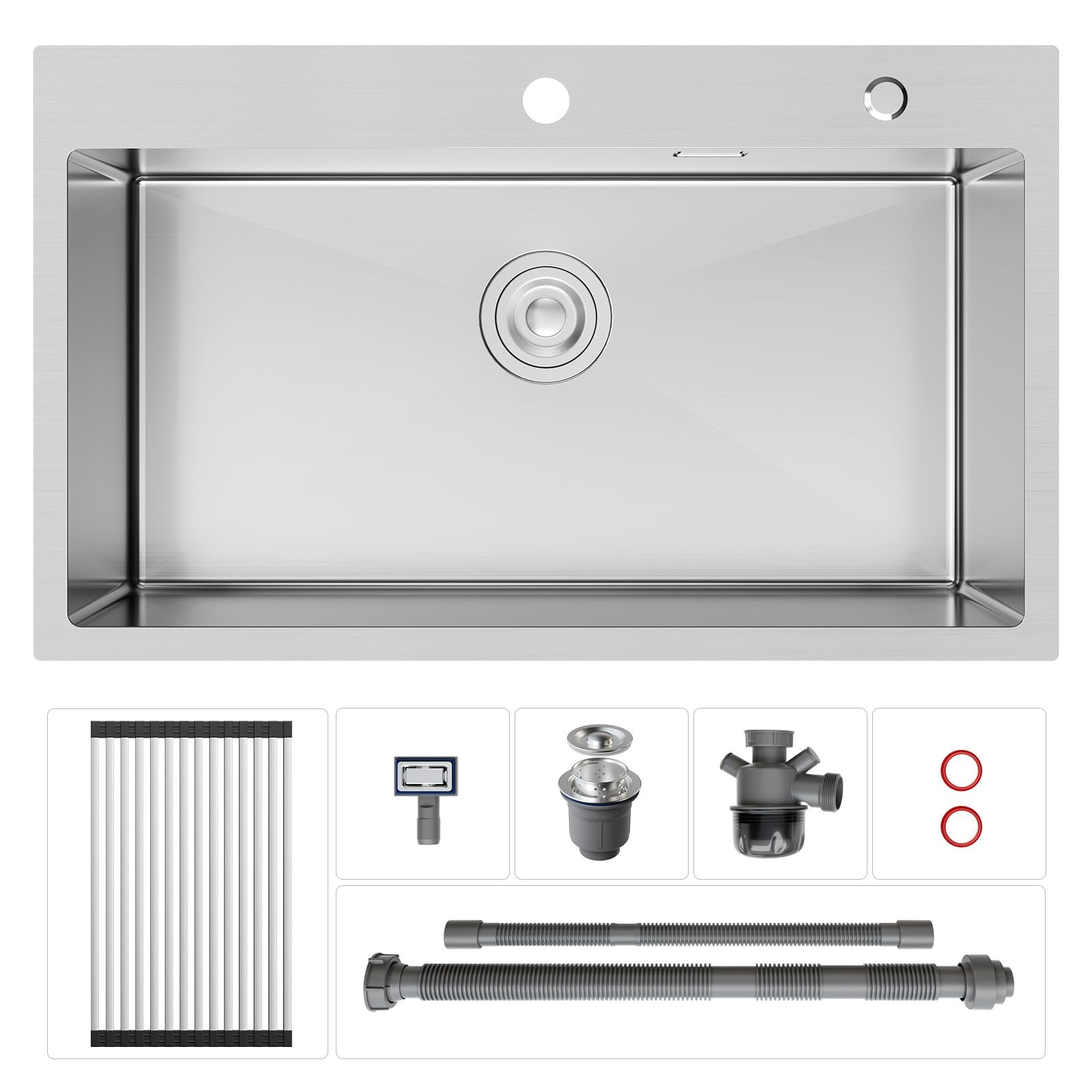 CECIPA Lavello Cucina 1 Vasca 75x45 cm, Lavandino Cucina con Tenda a Rullo Scarico, Lavello in Acciaio Inox 304 per Mobile di lunghezza 80cm con Sifone e Scarico