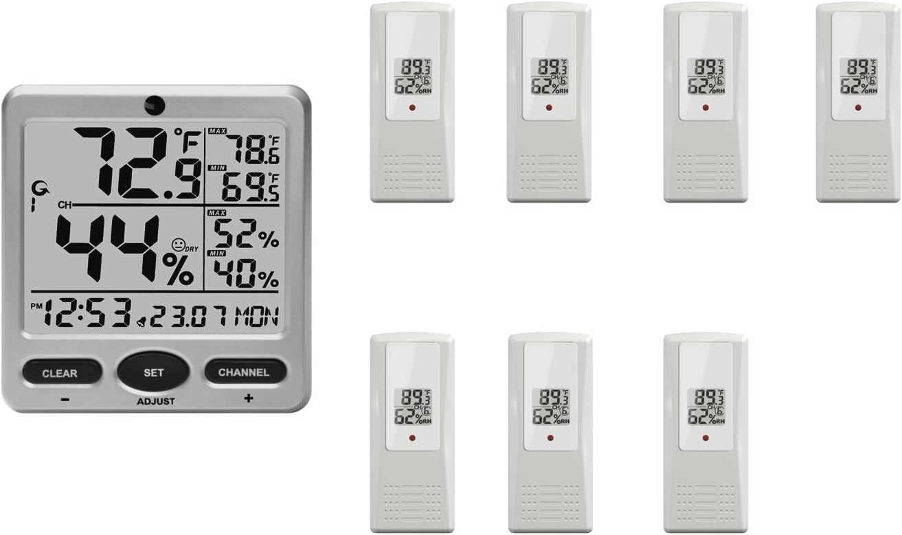 Ambient Weather WS-08-X7 Wireless Indoor/Outdoor 8-Channel Thermo-Hygrometer with Daily Min/Max Display with Seven Remote Sensors