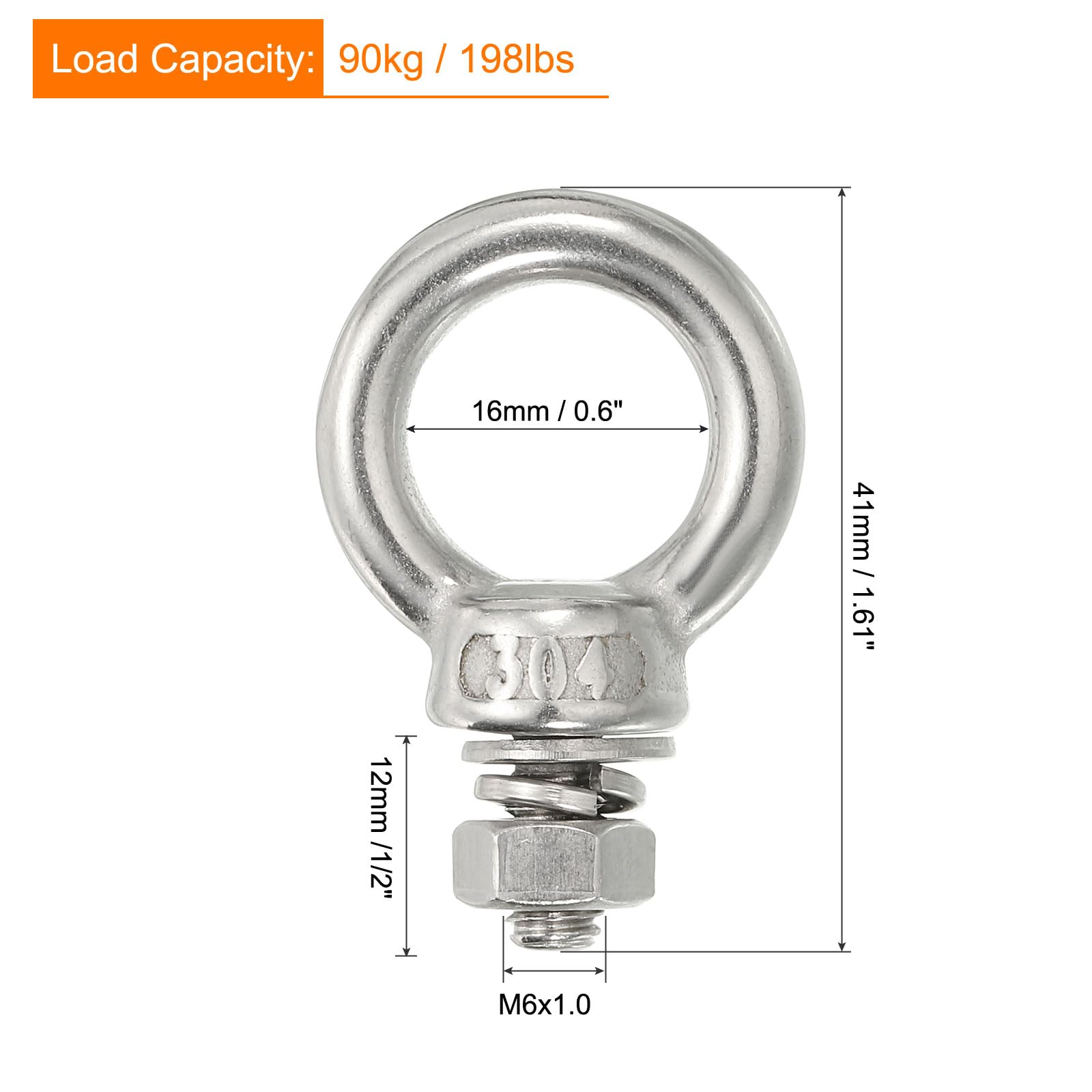 uxcell Bulloni a occhiello filettati M6 x 12 1/4 "x 1/2" in acciaio inox vite ad anello con dadi rondelle per sollevamento appesi, set da 10