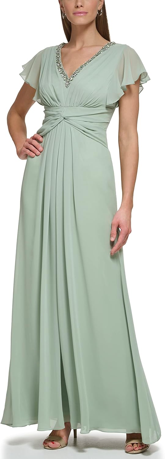 Eliza J Womens Gown Style Twist Waist Chiffon Flutter Sleeve Beaded Vneck Dress
