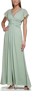Women's Gown Style Twist Waist Chiffon Flutter Sleeve Beaded Vneck Dress - Buy now