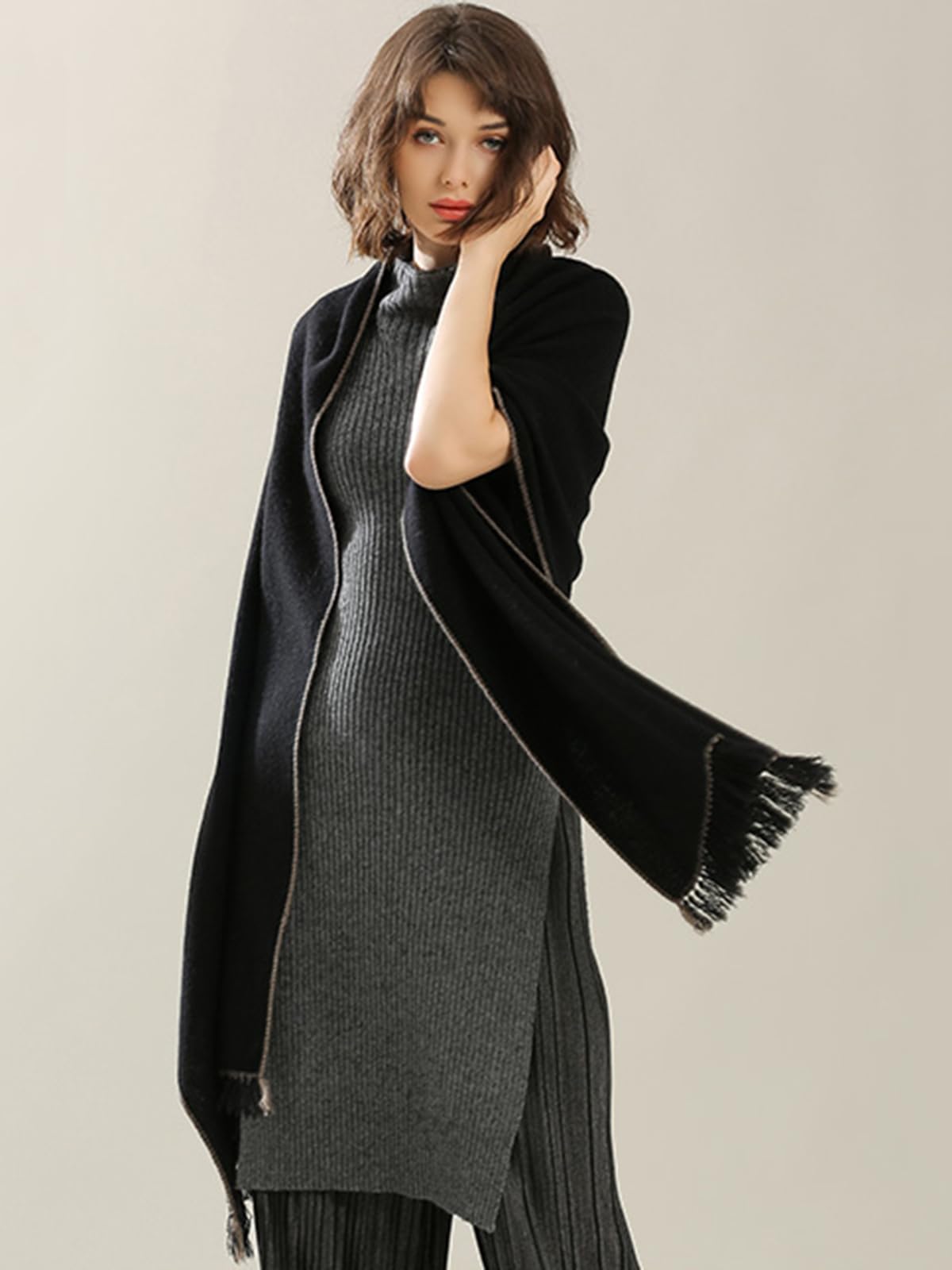Donna Sciarpa Scialle Caldo di Lana con Nappa, Moda Lungo Grande Sciarpe Stole Sciarpa Coperta, 100% Lana Invernale Sciarpe Scialli per Sera Matrimonio Viaggi, Autunno Inverno Regalo Black F