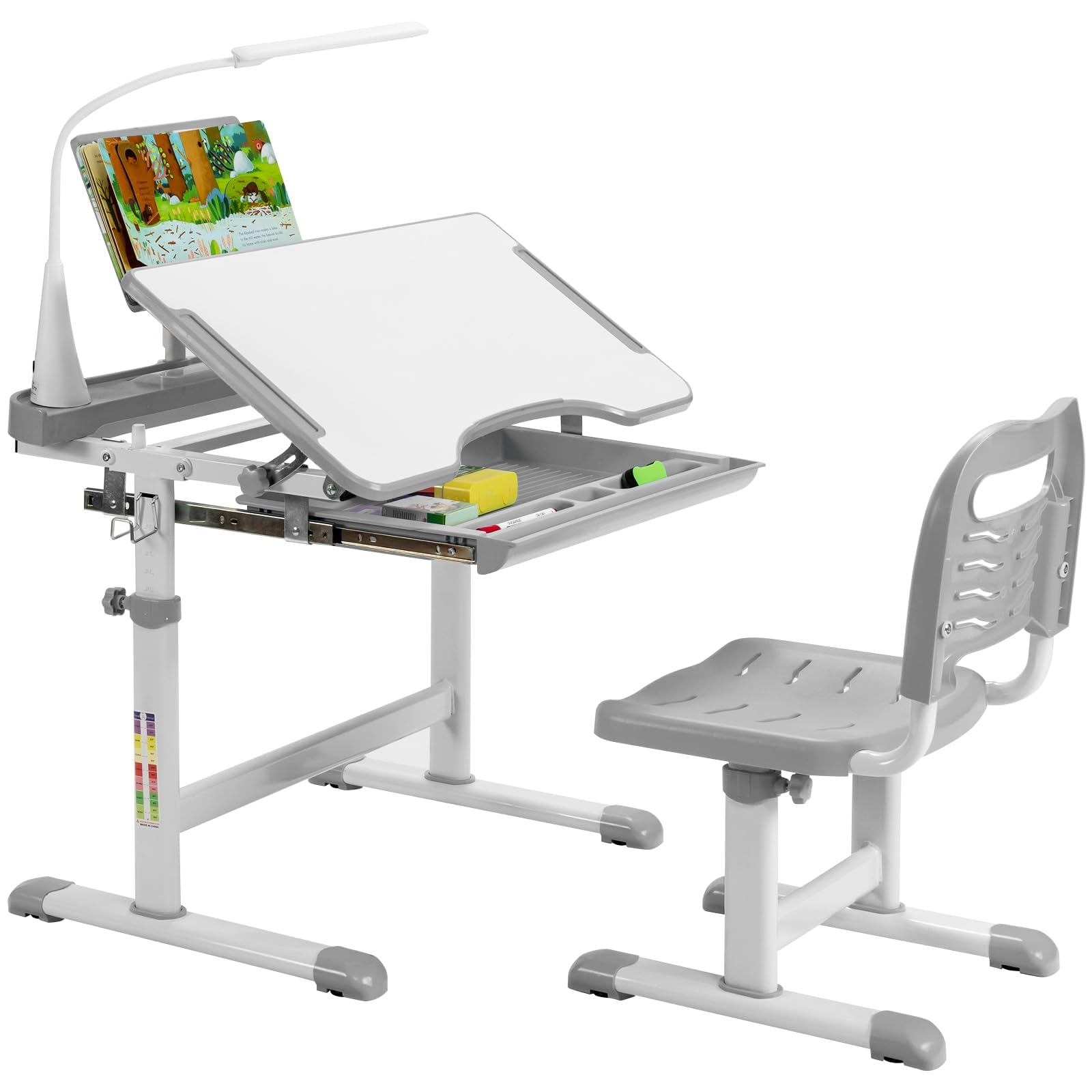 FANTASK höhenverstellbarer Kinderschreibtisch Set mit gekippter Tischplatte & Schublade & mit Bücherständer & LED-Licht, Kinder Schreibtisch (Grau)