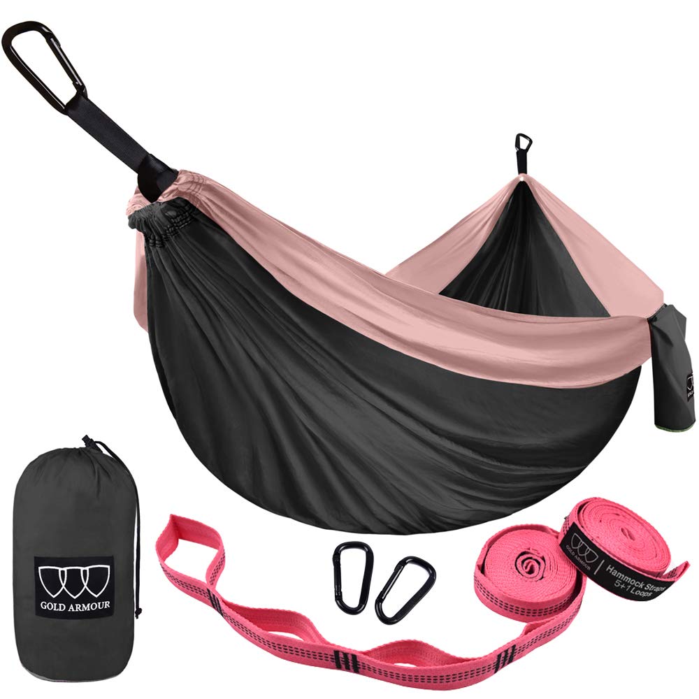 Gold ArmourCamping Hammock - Portable Hammock Single Hammock Camping Accessories Camping Gear Essentials for Adult Kids, USA Based Brand (Gray and Rose Pink)