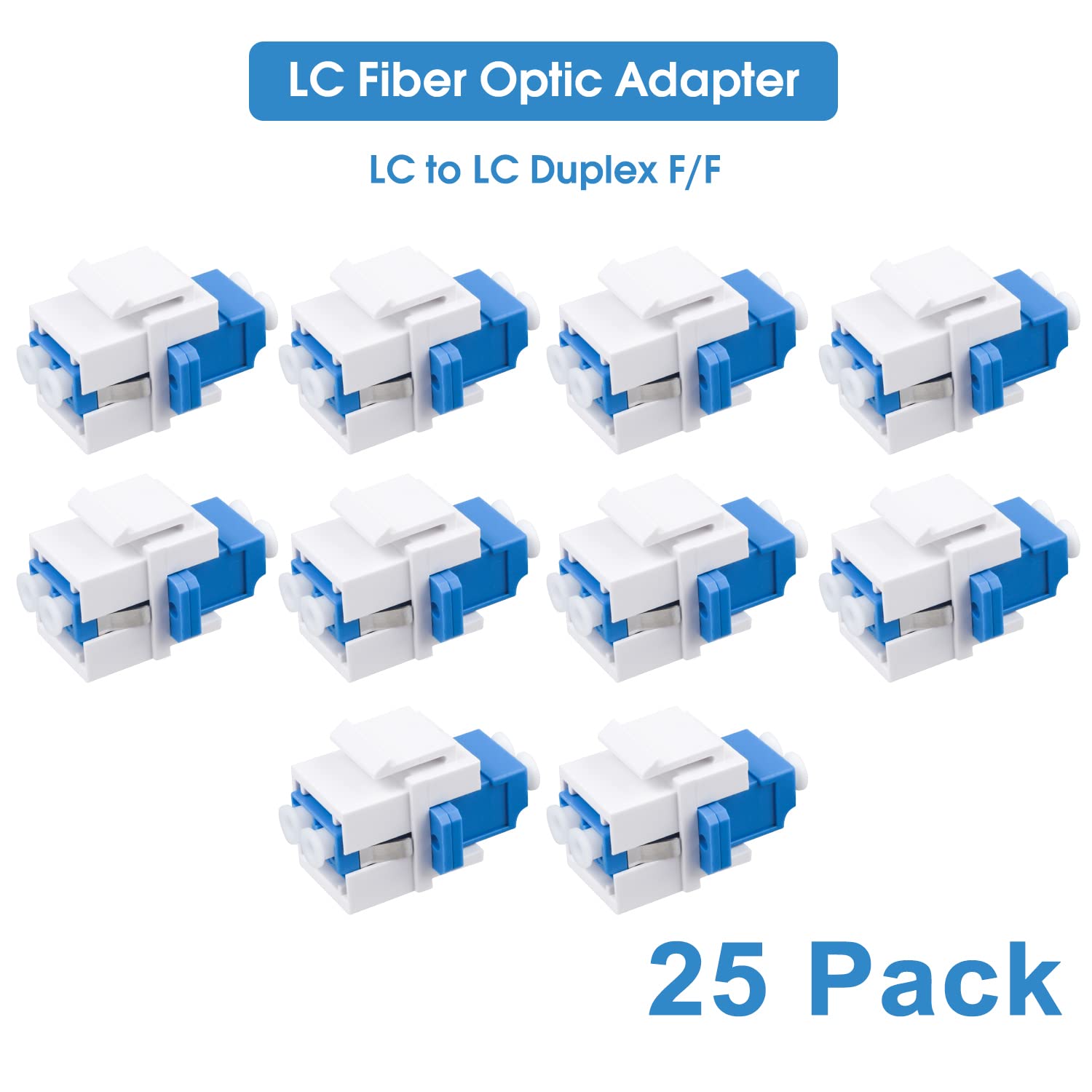 Paquete de 25 acopladores de fibra óptica LC/UPC Keystone Jack modular para paneles de conexión y placas de pared, adaptador de cable de fibra óptica LC dúplex monomodo