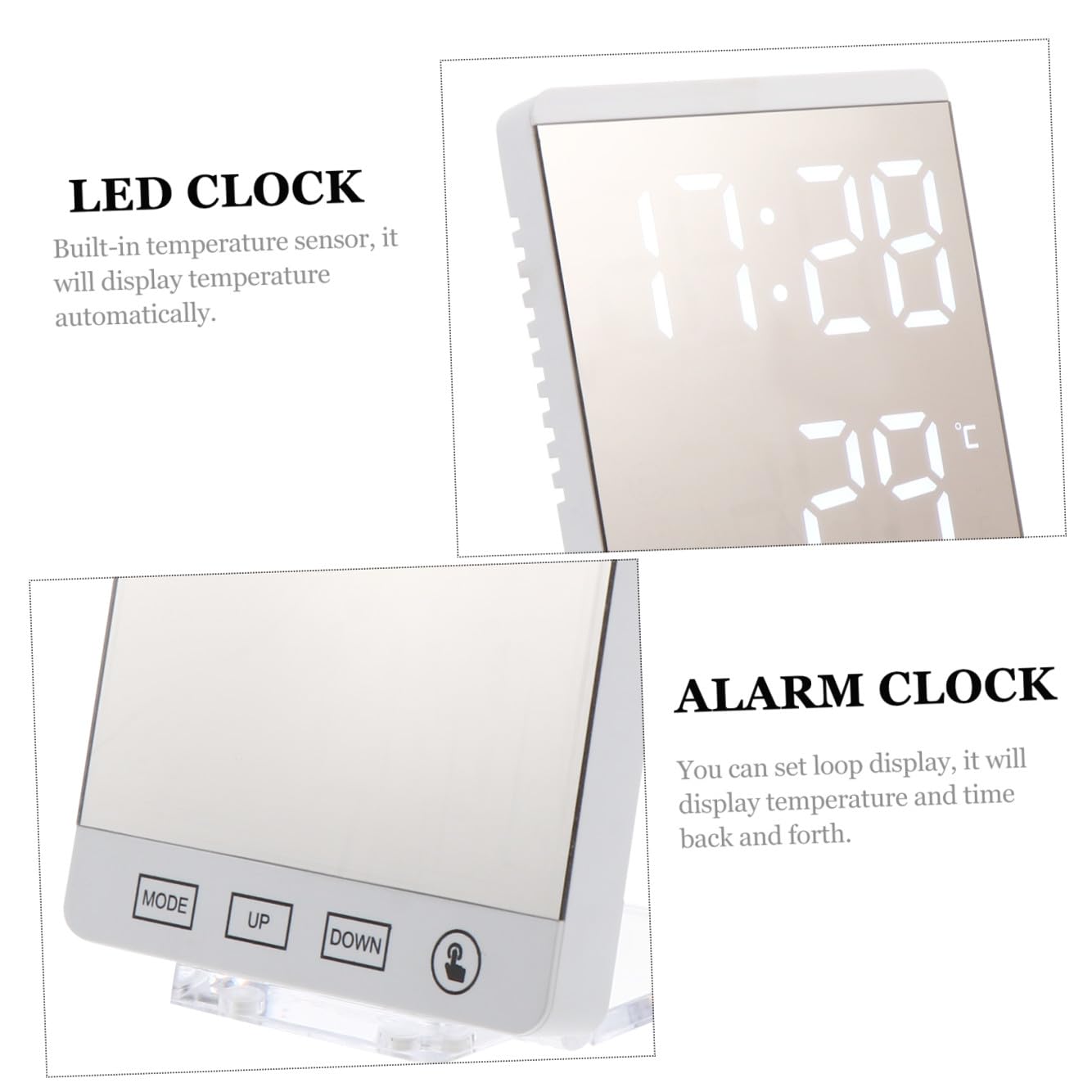 STOBAZA Orologio Digitale da Comodino con Specchio per Trucco, Sensore di Temperatura Integrato e Luminosità Automatica, per Tavolo e Camera, Bianco