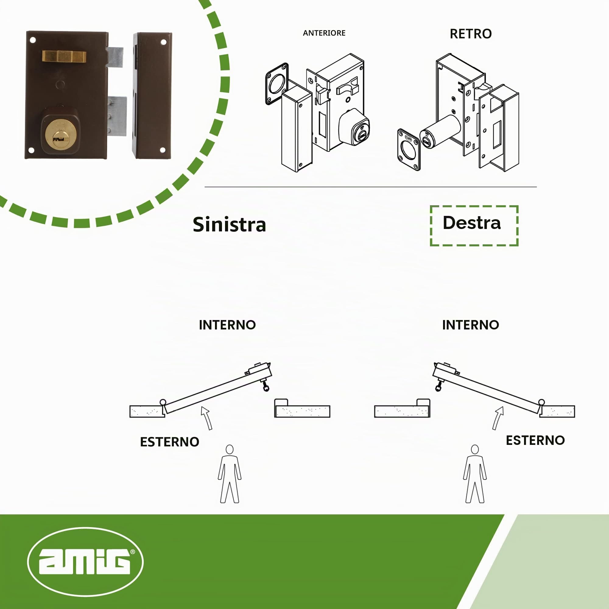Amig - Serratura a Sovrapposizione a Destra con Leva di Chiusura - Linguetta e Maniglia per Porte in Legno - Mod. 75, 72 x 112 mm - Cilindro rotondo di sicurezza - Acciaio Marrone