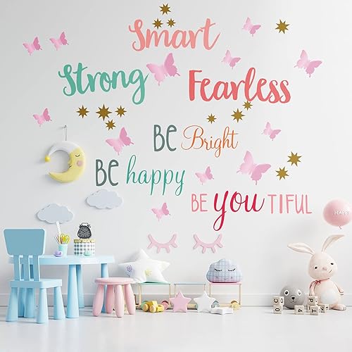 Miniatura 2 de Chinco 20 hojas de calcomanías de pared con citas inspiradoras para niñas, 12 hojas de mariposa 3D rosa pastel, inteligente, fuerte, sin miedo, sé