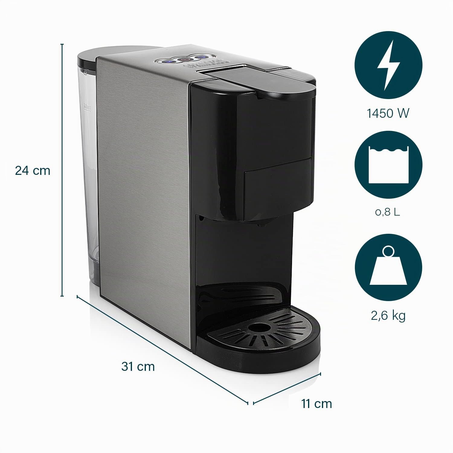 Princess 01.249450.01.001 Caffettiera Multifunzione, Compatibile con capsule Nespresso,Dolce Gusto,cialde ESE e caffè macinato, 19 bar, Nero e argento, 800 ml