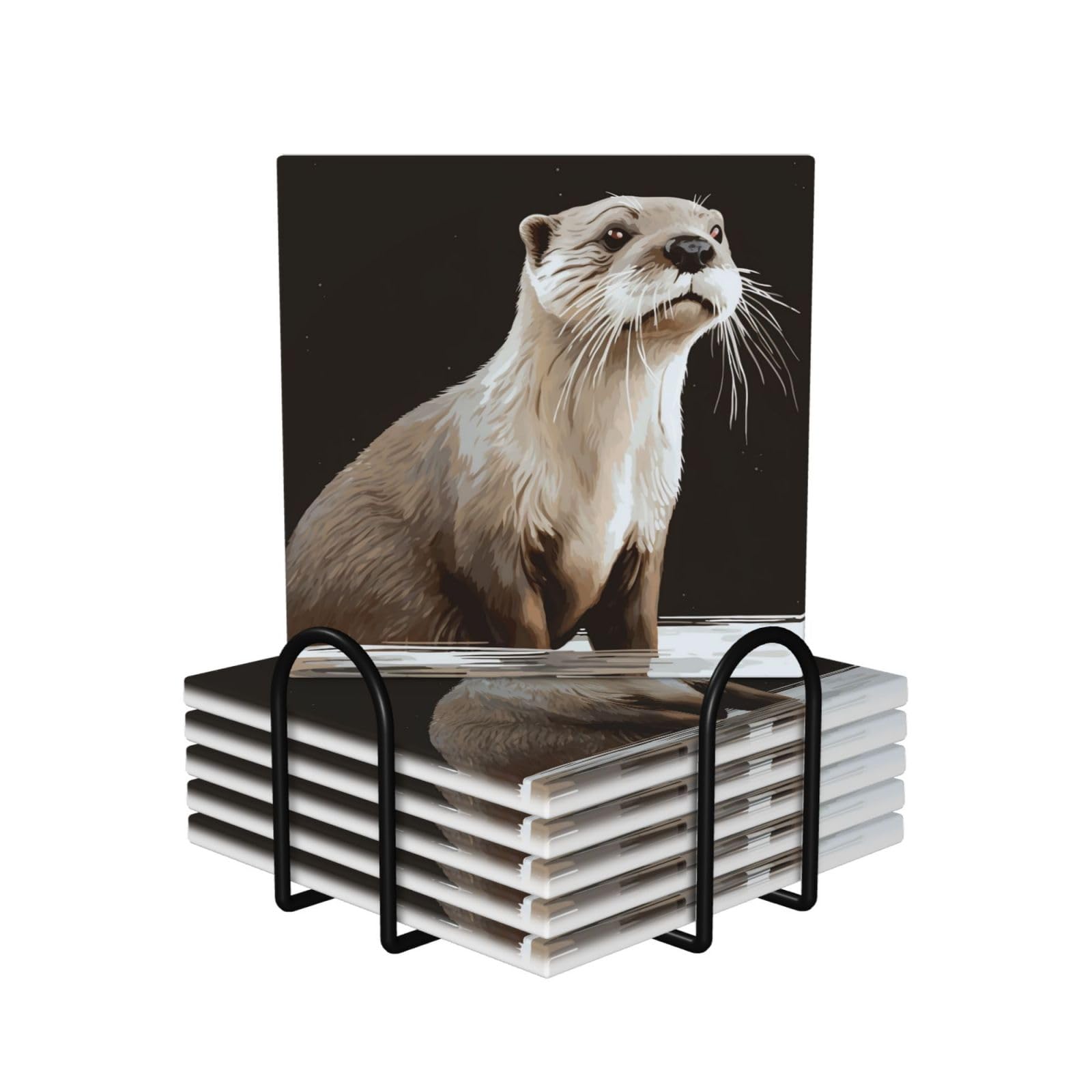 6Pcs Ceramics Coaster for Drinks, Otter Cup Coasters with Holder, Aesthetic Drink Coasters for Coffee Table, Absorbent Round Coaster for Tabletop Protection 4" Cup Mat Pad