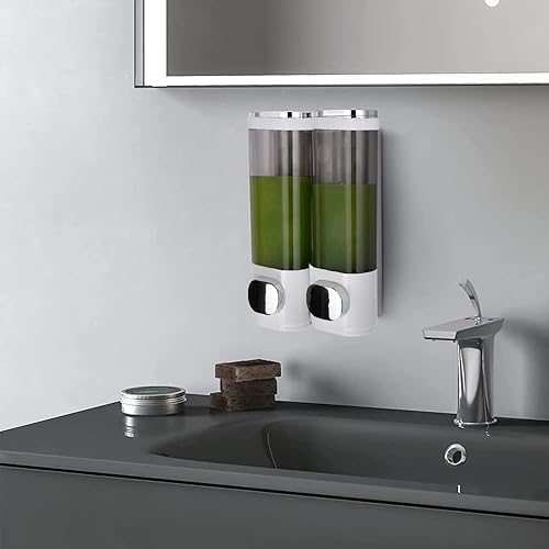 Miniatura 4 de Dispensador de jabón montado en la pared para baño, 2 cámaras, juego de dispensador de jabón de ducha de 20.3 fl oz, dispensador de champú y