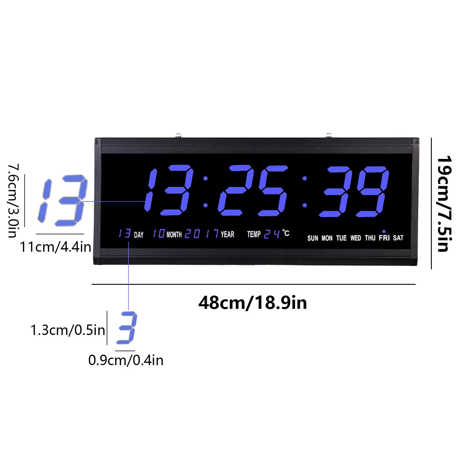 Reloj de pared digital LED para personas mayores, reloj de mesa, salón, oficina, con fecha y temperatura, 480 x 190 x 30 mm (letra azul)