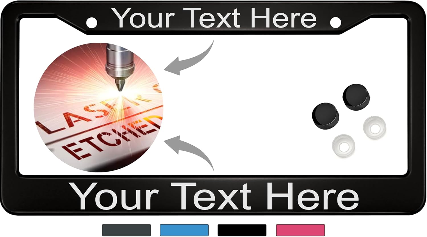 Personalized with Custom Text Design - Anodized Aluminum Laser Etched Standard Size - CAR/Automobile License Plate Frame with Free caps - Black (Quantity: 1 Frame)