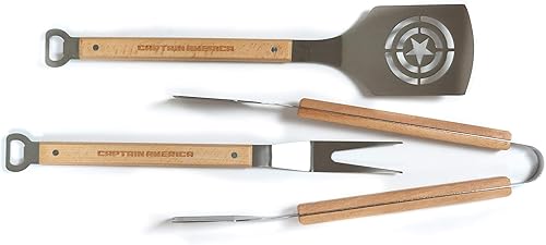 Marvel's Captain America - Juego de utensilios para barbacoa al aire libre de 3 piezas, incluye espátula, tenedor y pinzas de acero inoxidable con